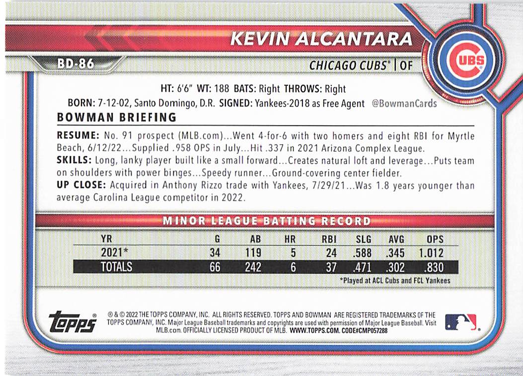2022 Bowman Draft Baseball Kevin Alcantara #BD-86