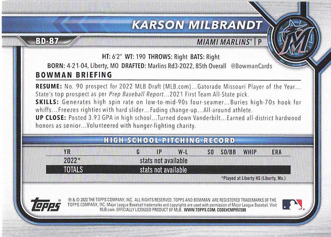 2022 Bowman Draft Baseball Karson Milbrandt #BD-87