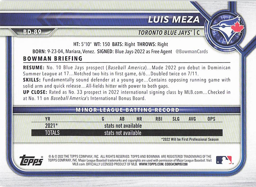 2022 Bowman Draft Baseball Luis Meza #BD-89