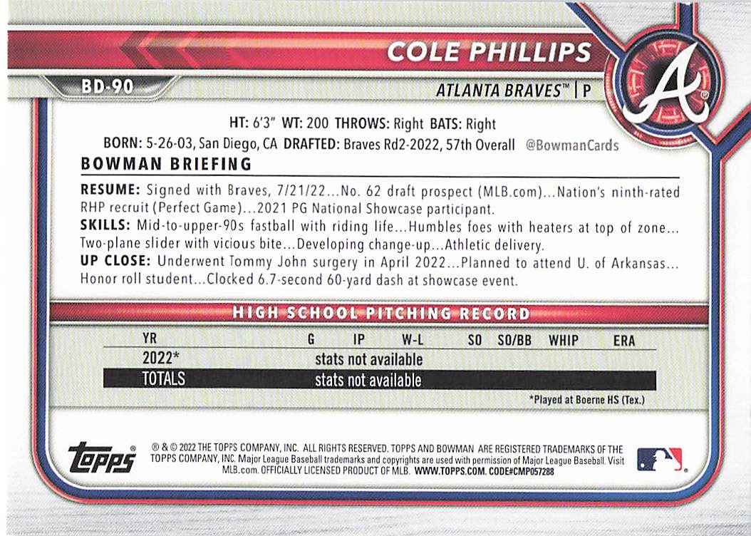 2022 Bowman Draft Baseball Cole Phillips #BD-90