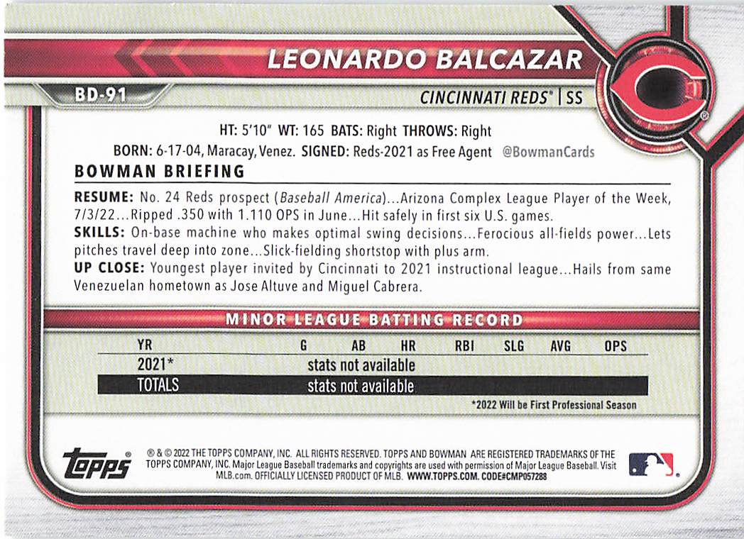 2022 Bowman Draft Baseball Leonardo Balcazar #BD-91