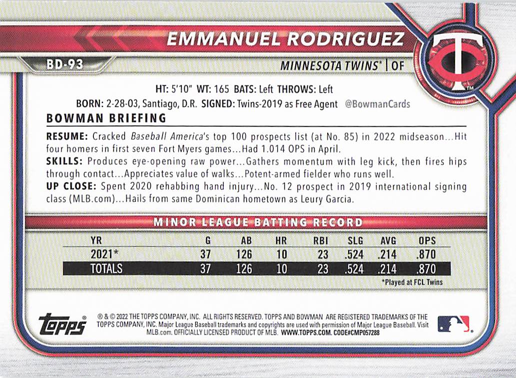2022 Bowman Draft Baseball Emmanuel Rodriguez #BD-93