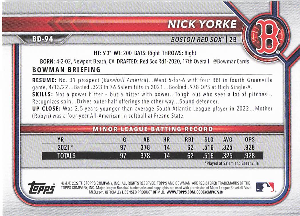 2022 Bowman Draft Baseball Nick Yorke #BD-94