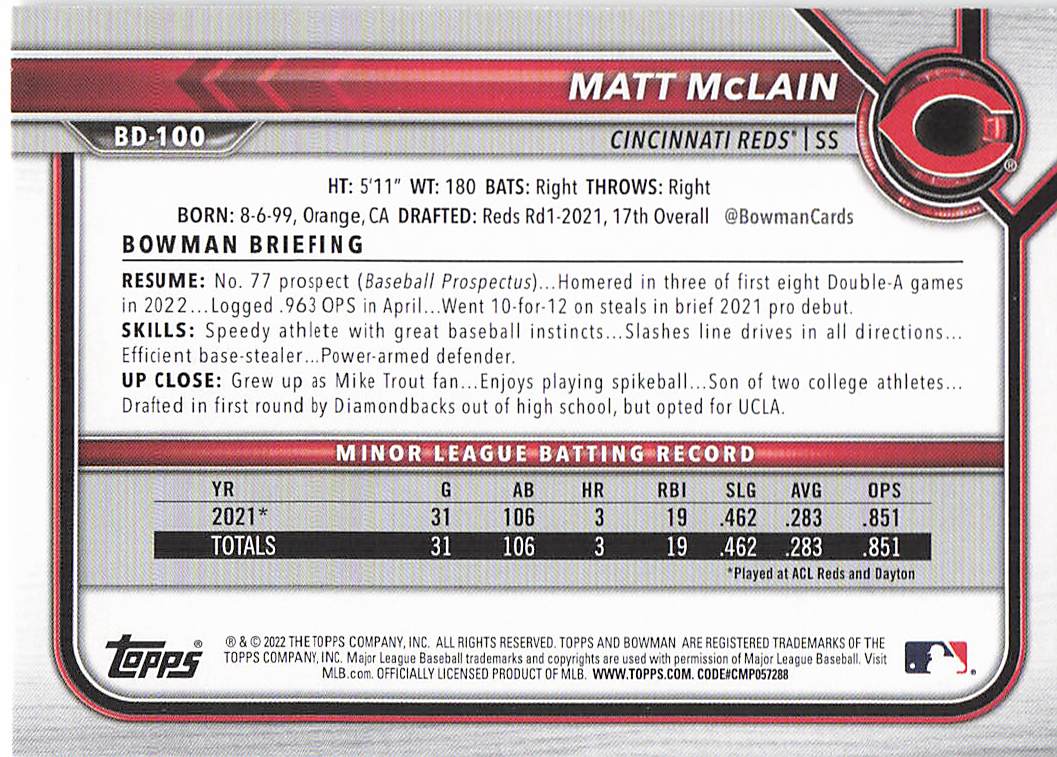 2022 Bowman Draft Baseball Matt McLain #BD-100
