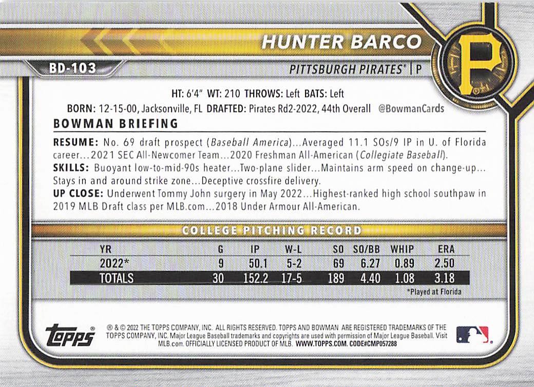 2022 Bowman Draft Baseball Hunter Barco #BD-103
