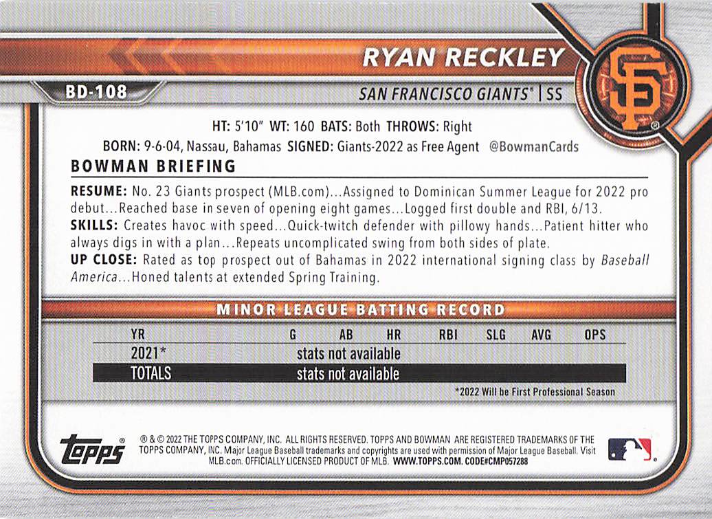 2022 Bowman Draft Baseball Ryan Reckley #BD-108