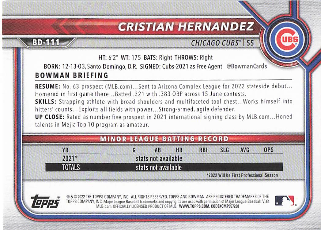 2022 Bowman Draft Baseball Cristian Hernandez #BD-111