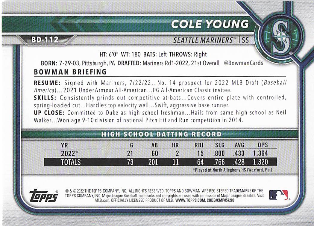 2022 Bowman Draft Baseball Cole Young #BD-112