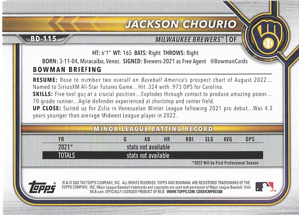 2022 Bowman Draft Baseball Jackson Chourio #BD-115
