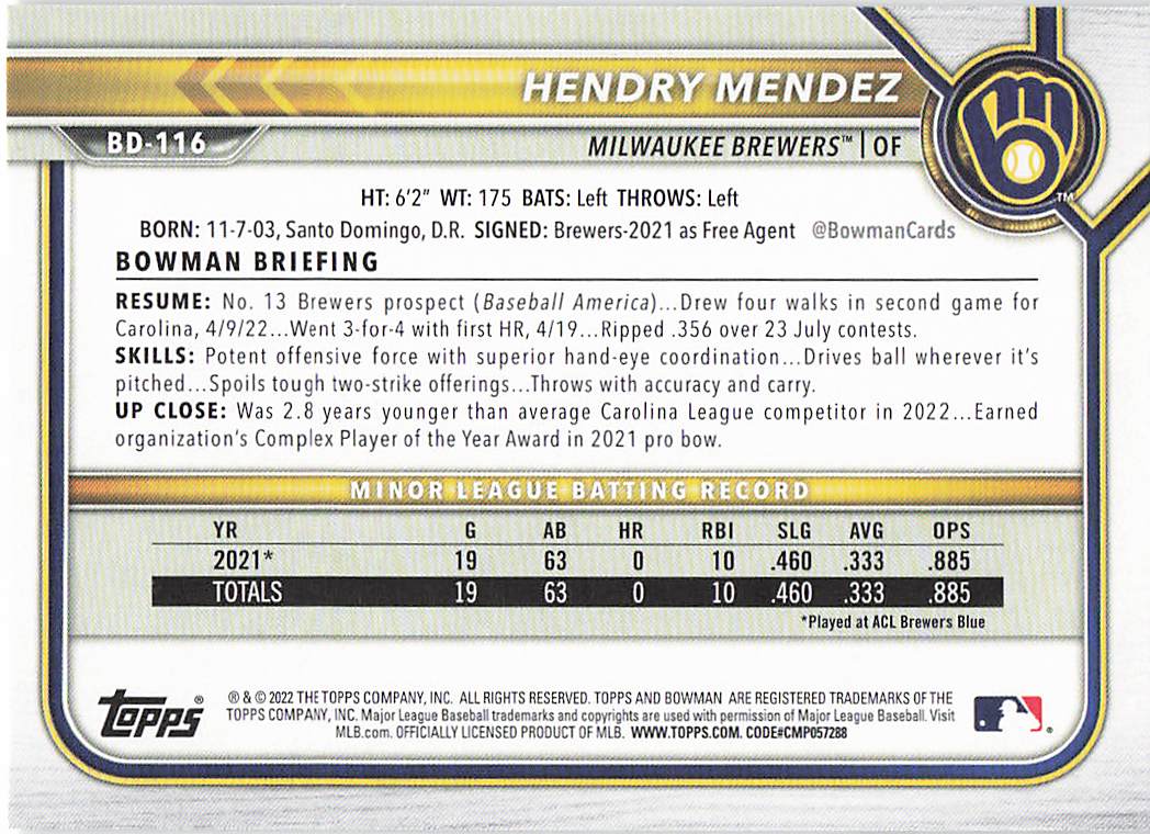 2022 Bowman Draft Baseball Hendry Mendez #BD-116