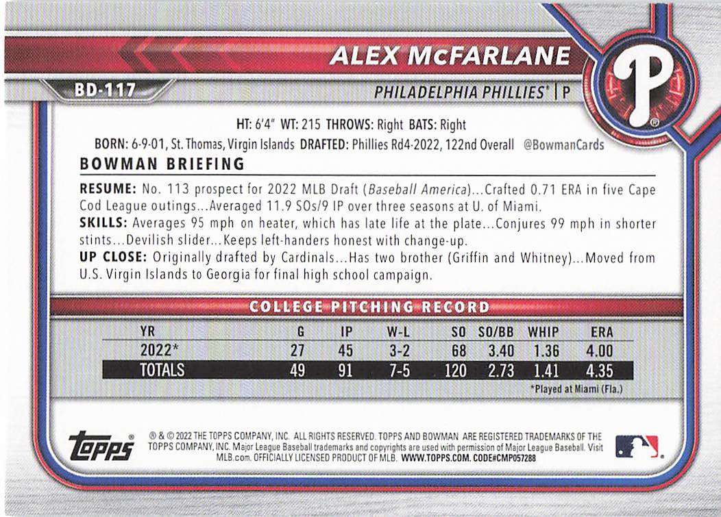 2022 Bowman Draft Baseball Alex McFarlane #BD-117