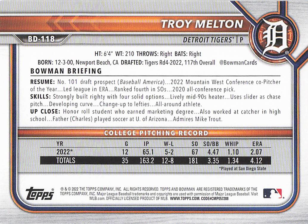 2022 Bowman Draft Baseball Troy Melton #BD-118