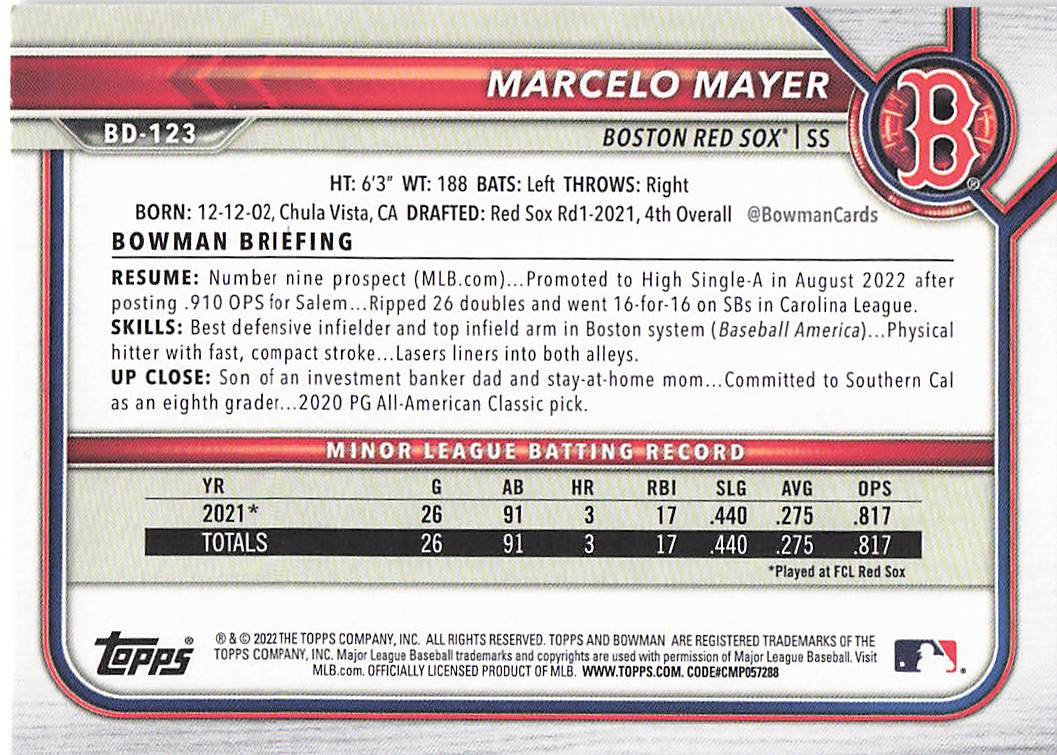 2022 Bowman Draft Baseball Marcelo Mayer #BD-123