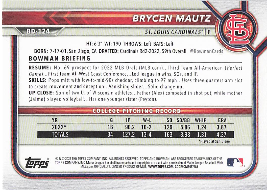 2022 Bowman Draft Baseball Brycen Mautz #BD-124