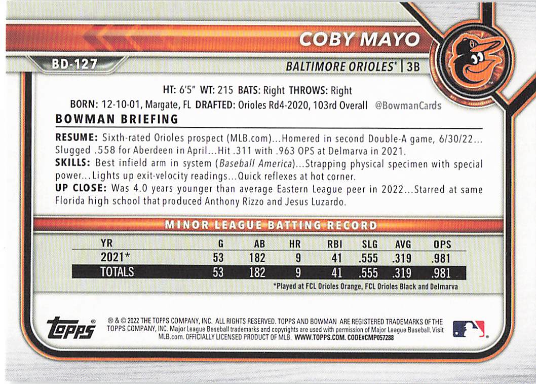 2022 Bowman Draft Baseball Coby Mayo #BD-127
