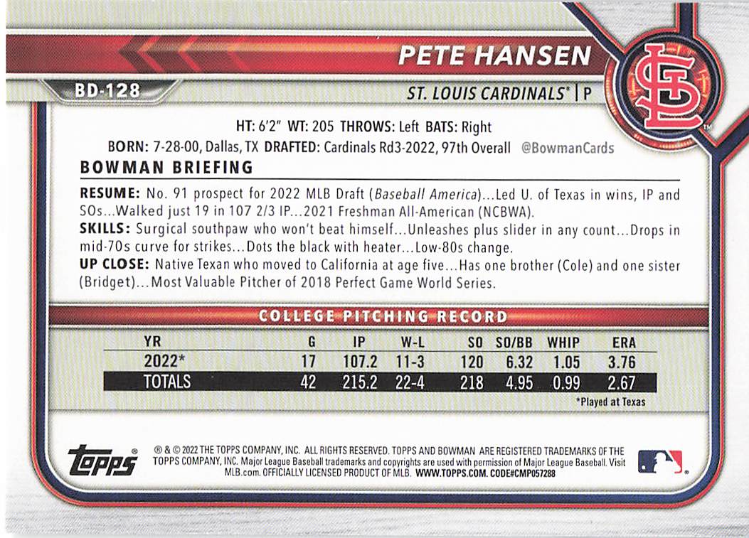 2022 Bowman Draft Baseball Pete Hansen #BD-128