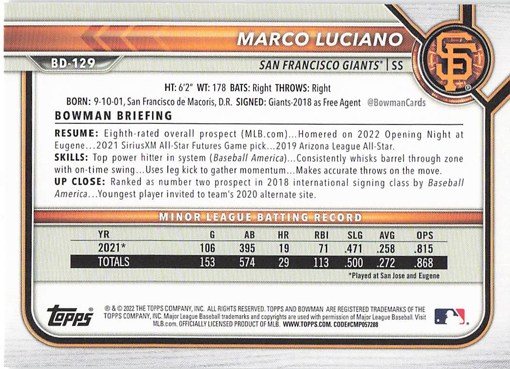 2022 Bowman Draft Baseball Marco Luciano #BD-129
