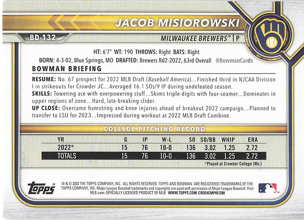 2022 Bowman Draft Baseball Jacob Misiorowski #BD-132