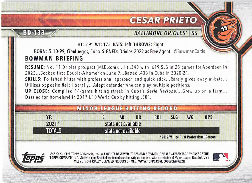 2022 Bowman Draft Baseball Cesar Prieto #BD-133