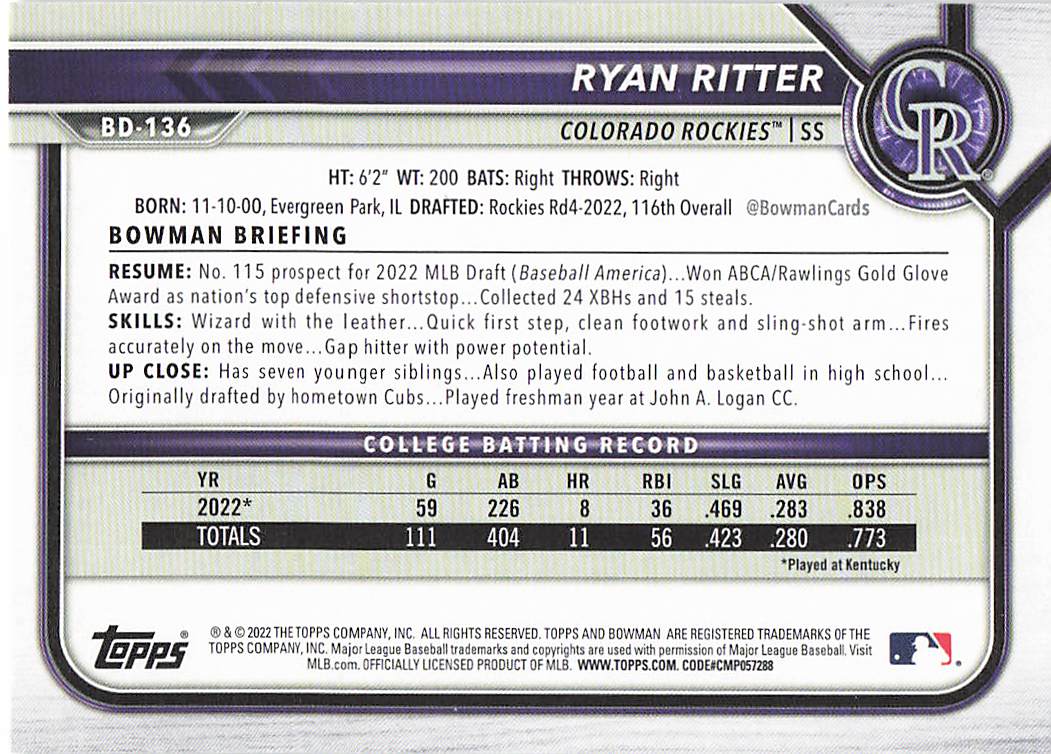 2022 Bowman Draft Baseball Ryan Ritter #BD-136