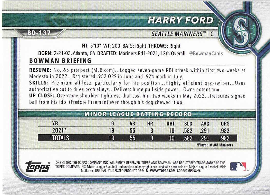2022 Bowman Draft Baseball Harry Ford #BD-137