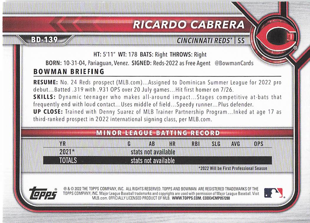 2022 Bowman Draft Baseball Ricardo Cabrera #BD-139