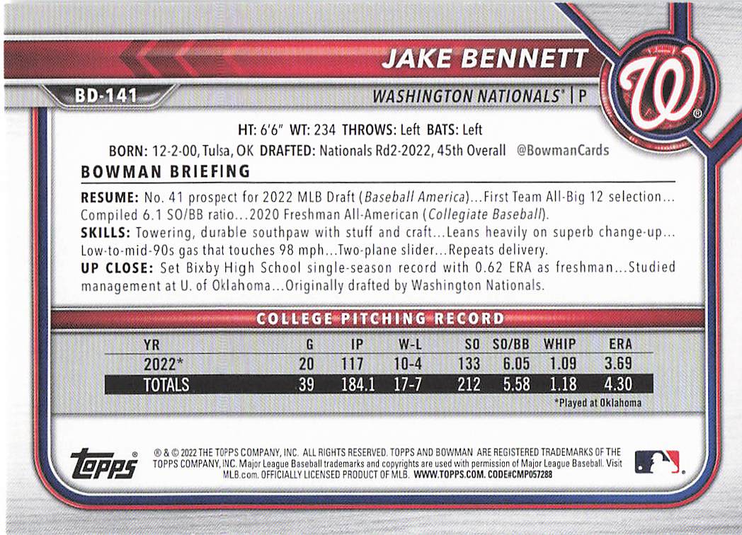 2022 Bowman Draft Baseball Jake Bennett #BD-141
