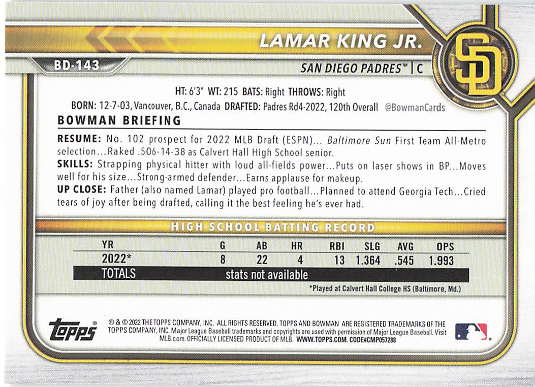 2022 Bowman Draft Baseball Lamar King Jr. #BD-143