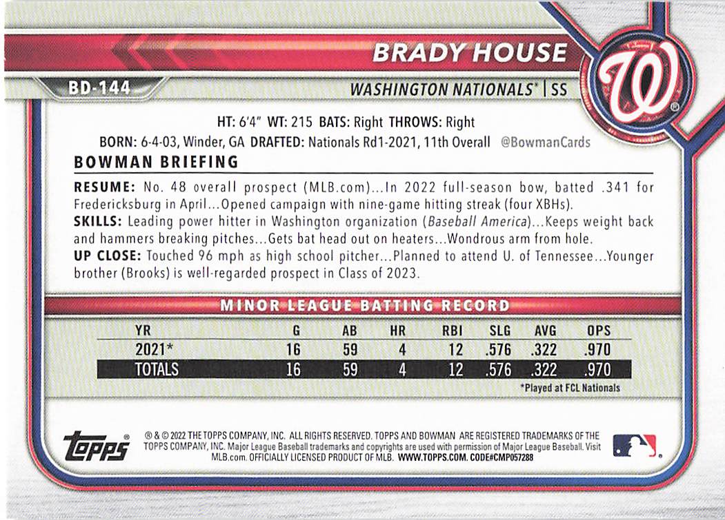 2022 Bowman Draft Baseball Brady House #BD-144