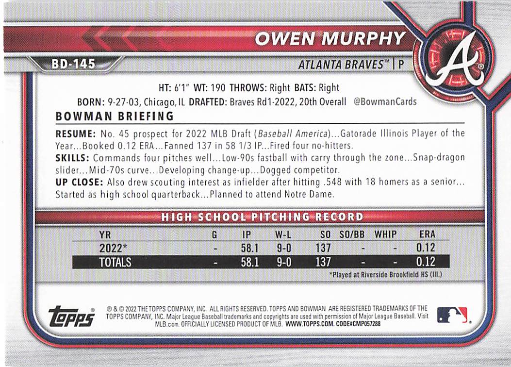 2022 Bowman Draft Baseball Owen Murphy #BD-145