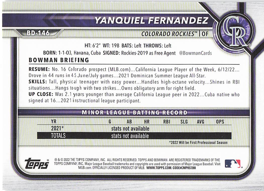 2022 Bowman Draft Baseball Yanquiel Fernandez #BD-146