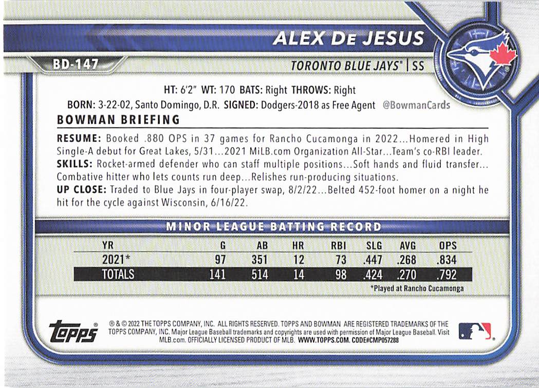 2022 Bowman Draft Baseball Alex De Jesus #BD-147