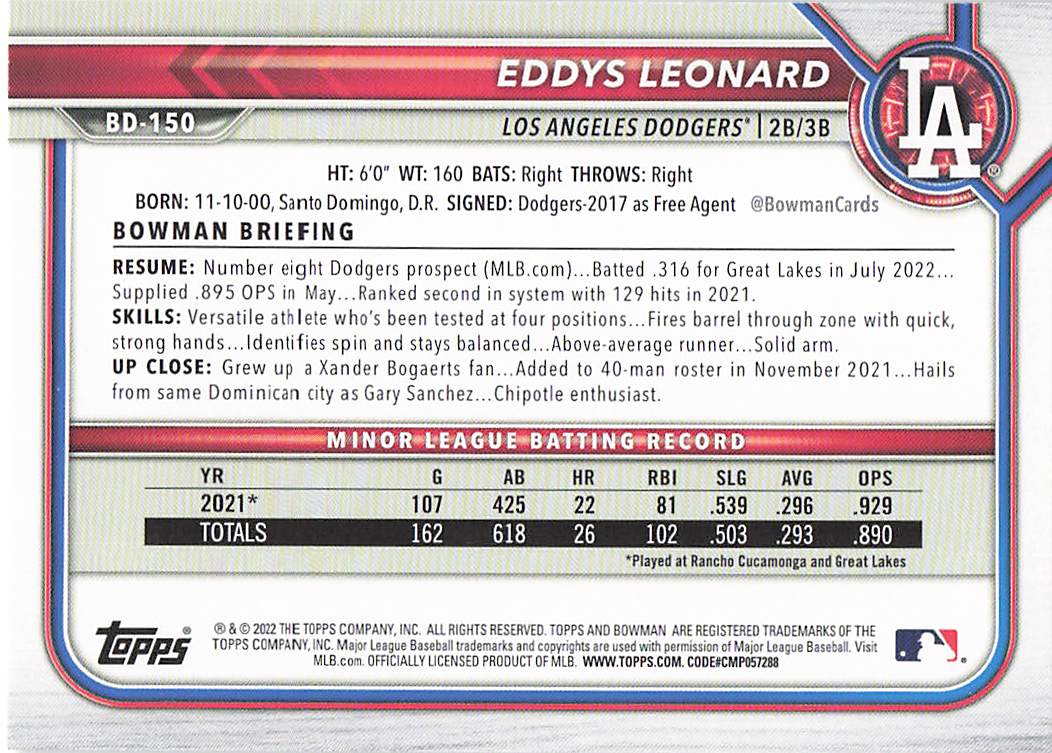 2022 Bowman Draft Baseball Eddys Leonard #BD-150