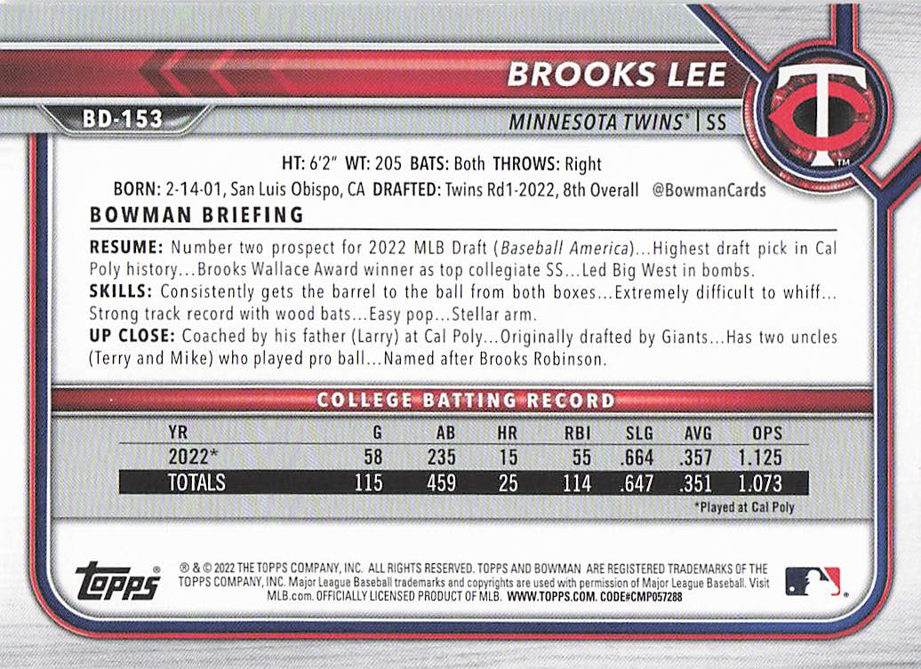 2022 Bowman Draft Baseball Brooks Lee #BD-153