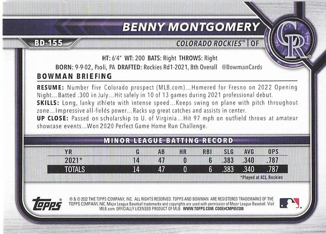 2022 Bowman Draft Baseball Benny Montgomery #BD-155