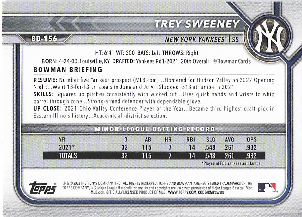 2022 Bowman Draft Baseball Trey Sweeney #BD-156