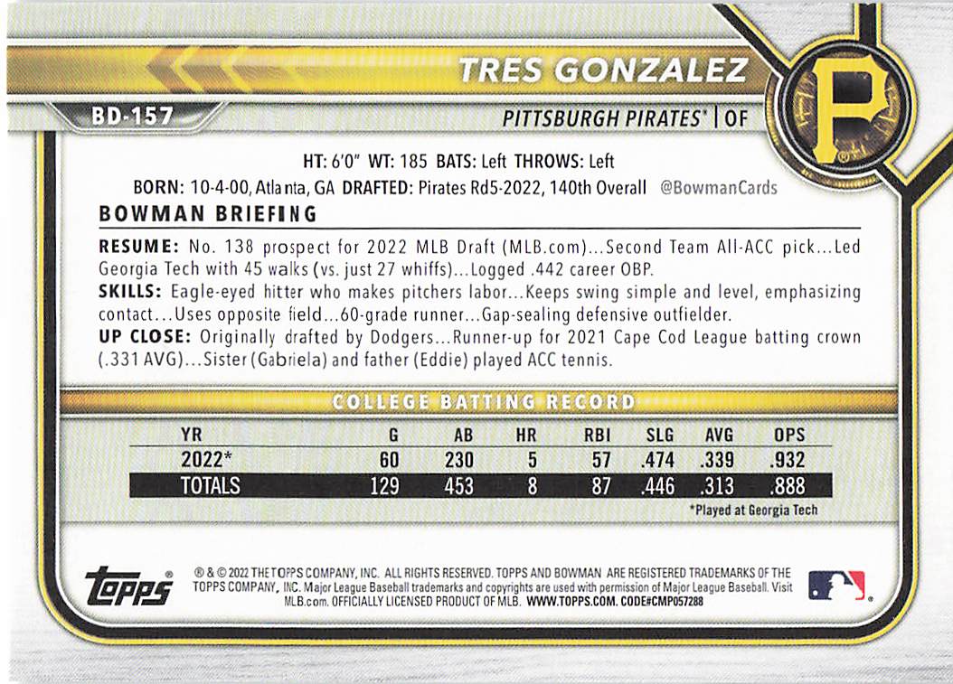 2022 Bowman Draft Baseball Tres Gonzalez #BD-157