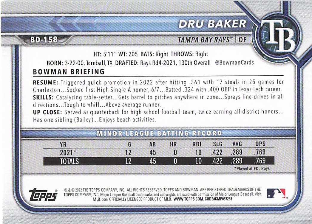 2022 Bowman Draft Baseball Dru Baker #BD-158