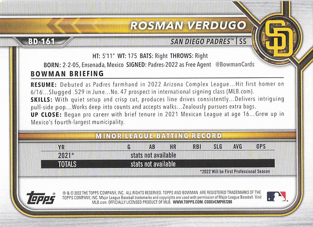2022 Bowman Draft Baseball Rosman Verdugo #BD-161