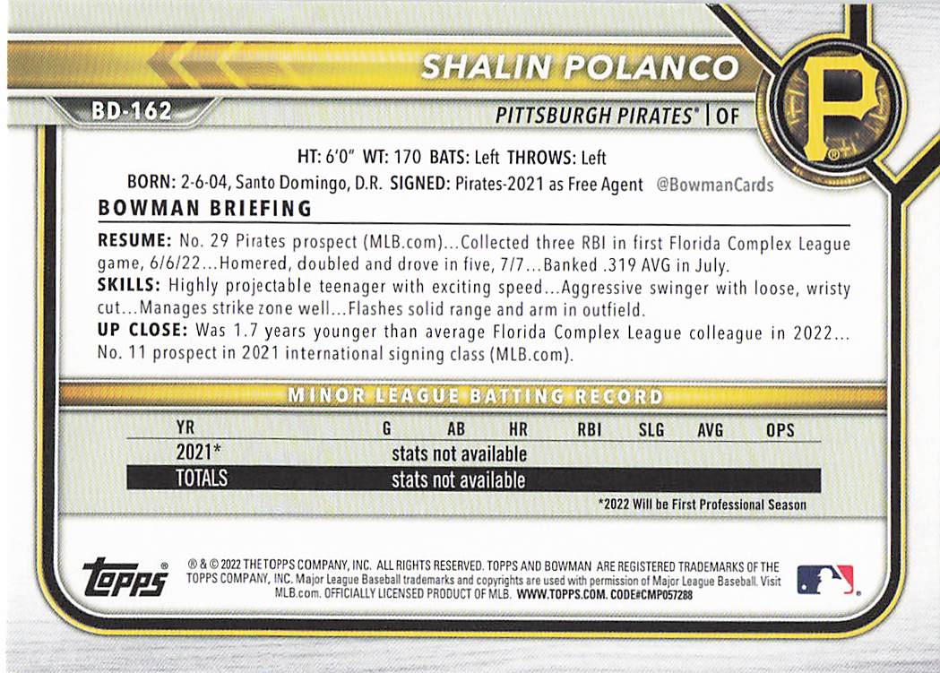 2022 Bowman Draft Baseball Shalin Polanco #BD-162