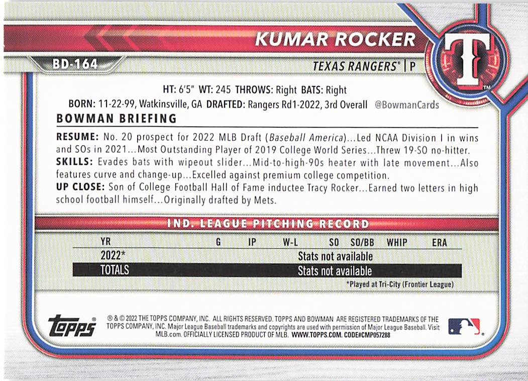 2022 Bowman Draft Baseball Kumar Rocker #BD-164