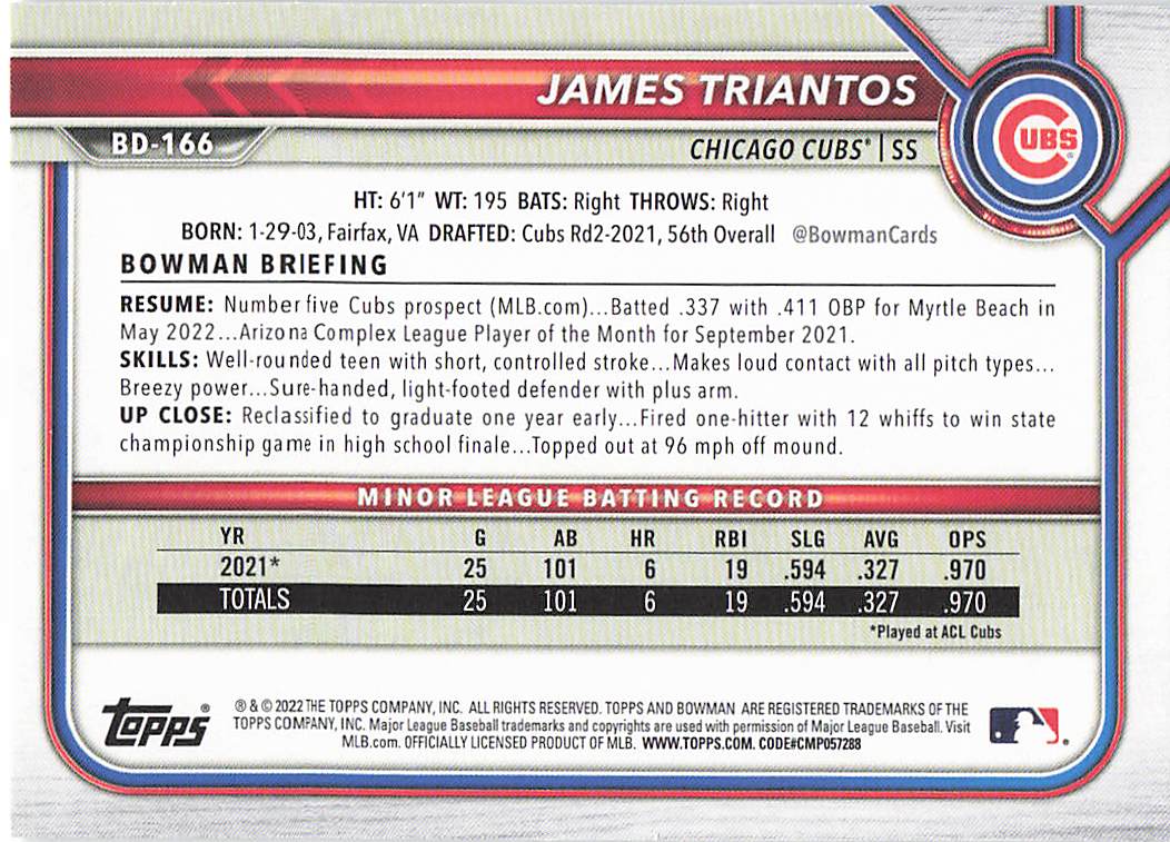 2022 Bowman Draft Baseball James Triantos #BD-166