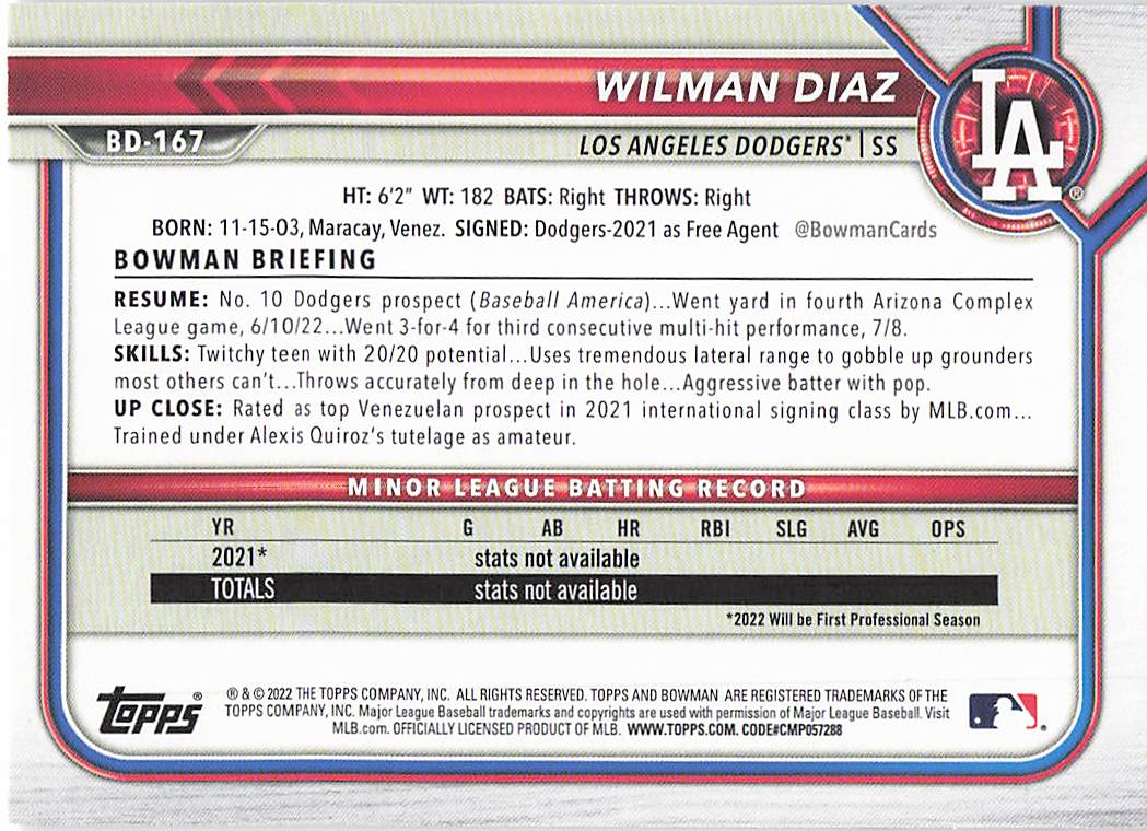 2022 Bowman Draft Baseball Wilman Diaz #BD-167