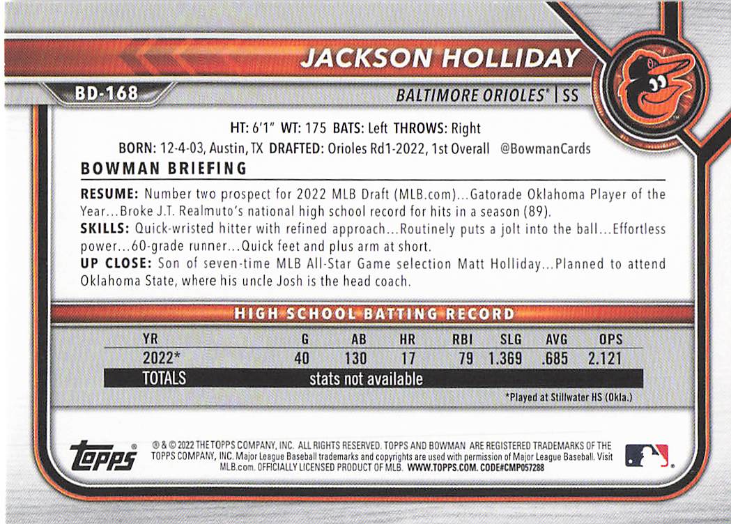2022 Bowman Draft Baseball Jackson Holliday #BD-168