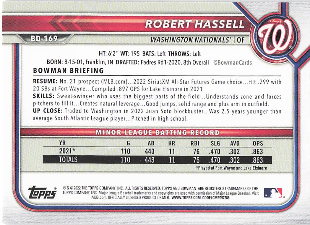 2022 Bowman Draft 1st Edition Baseball Robert Hassell #BD-169