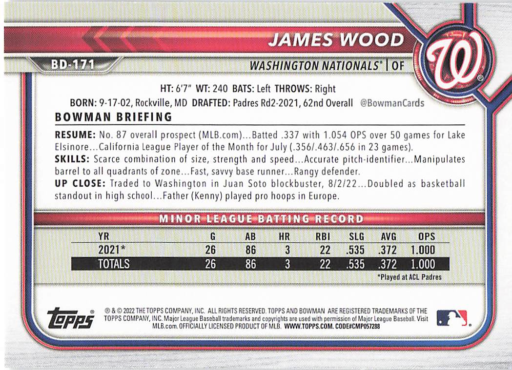 2022 Bowman Draft Baseball James Wood #BD-171