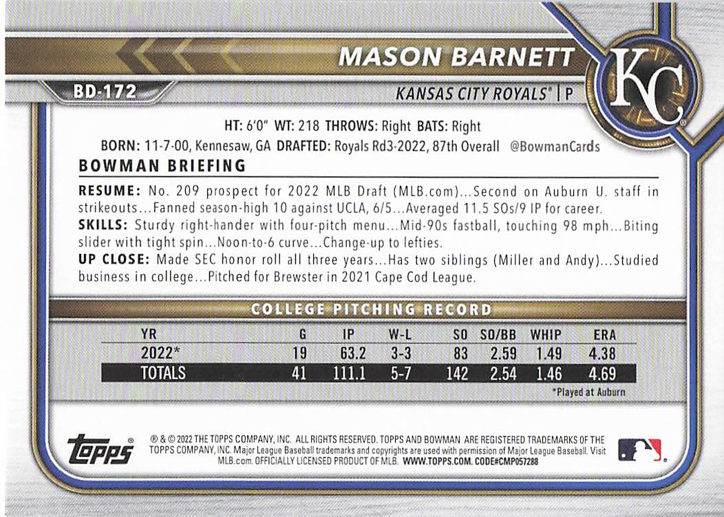 2022 Bowman Draft Baseball Mason Barnett #BD-172