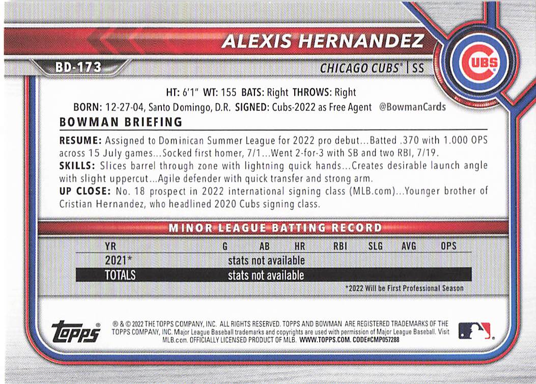 2022 Bowman Draft Baseball Alexis Hernandez #BD-173