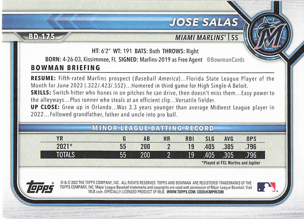 2022 Bowman Draft Baseball Jose Salas #BD-175