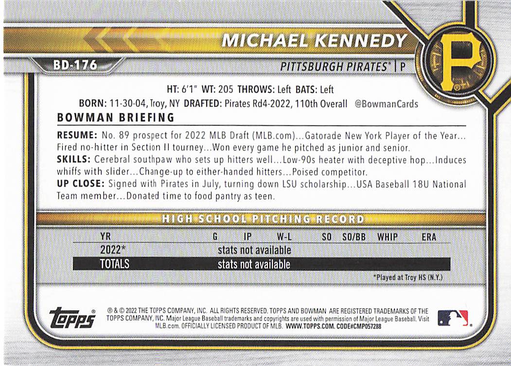 2022 Bowman Draft Baseball Michael Kennedy #BD-176
